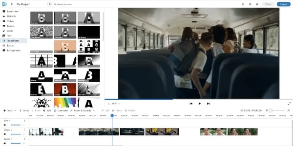 Stock footage of children on school bus open in WeVideo's editor. 